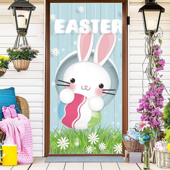 Chmadoxn Happy Easter Door Cover - Easter Party Decoration Spring Outdoor Courtyard Door Cover Welcome Spring For Easter Holiday Party Supplies Door Covers Decorative,35 x 78 In(Door Cover)