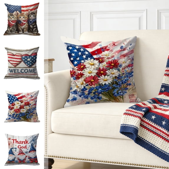 Chmadoxn Patriotic 4th of July Pillow Cover 18x18 Inch, Independence Day USA Flag & Gnomes Design, Red White Blue Decorative Throw Pillow Case for Couch Sofa Patio Decor, Cover Only