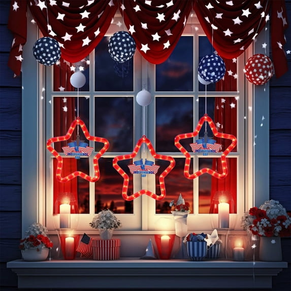 Chmadoxn Patriotic LED String Lights - Red White Blue Star & Flag for 4th of July, Parties, Indoor/Outdoor Window Room Holiday Decor (Luminous 5-Pointed Stars)