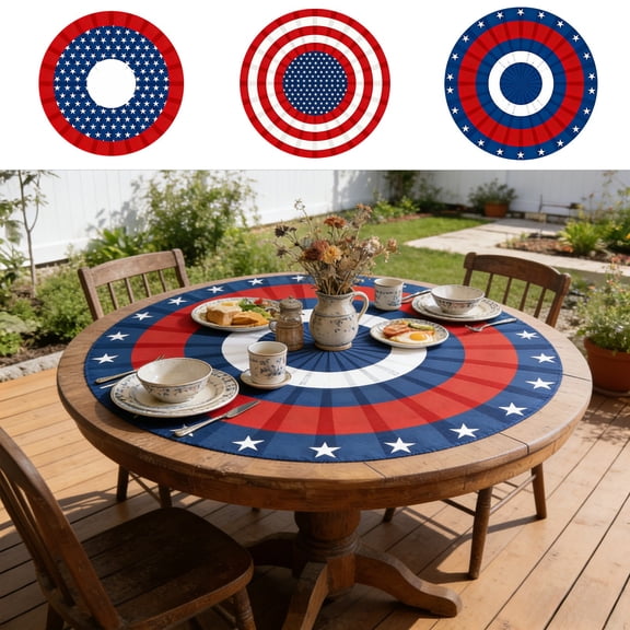 Chmadoxn Patriotic USA Flag Tablecloth, 59.1 Inch Round Independence Day Table Cover for 4th of July, Serviceable Nylon Outdoor Garden Porch Decor, Red White Blue Memorial Day BBQ