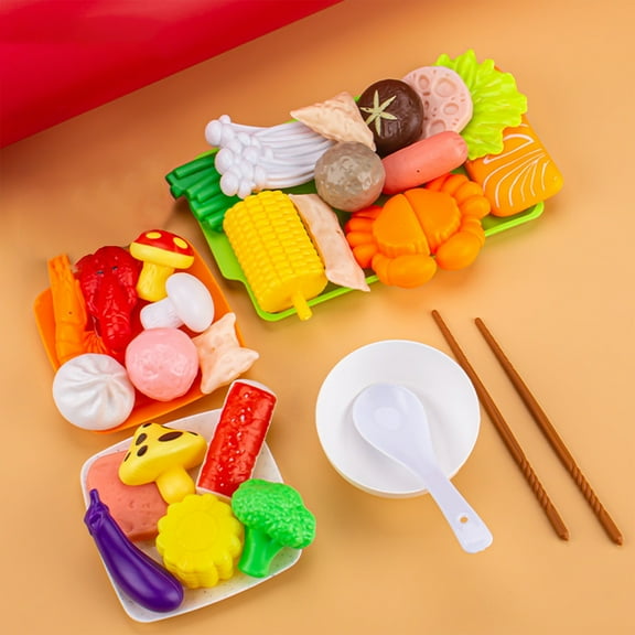 Chmadoxn Play Food Toy Set for Kids Kitchen,Simulation Seafood Fruit & Vegetables Accessories,Kitchen Hot Pot Toys, Plastic Dishes, Toddler Play Kitchen Accessories Educational Toys for Boys Girls