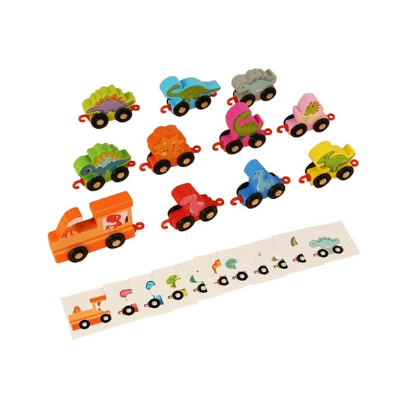 Chmadoxn Toddler Toys 11Pcs Wooden Colorful Dinosaur Transportation Animals Train Toys Matching Sequencing Games Educational Learning Counting Set