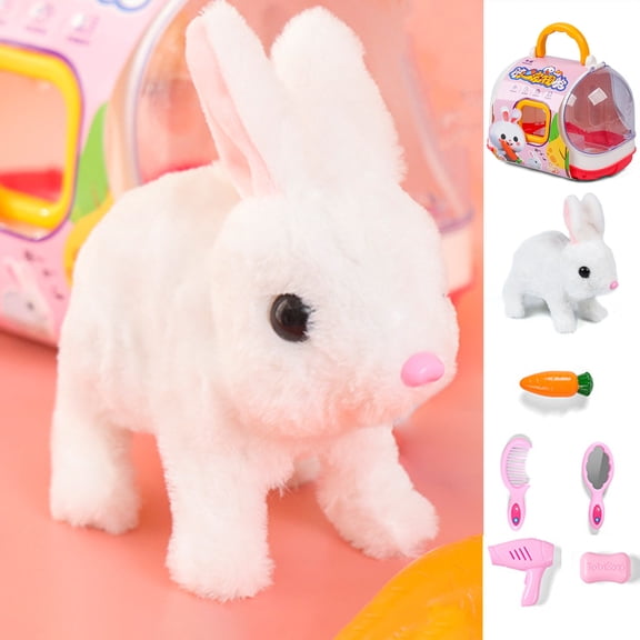 Twfbrm Electronic Plush Bunny Toys, Toddler Toys 7 Pcs Interactive Stuffed Rabbit with Pet Cage and Grooming Tools, Walks Barks and Shake Tail Animals Toys Pretend Play Educational Toys for Kids