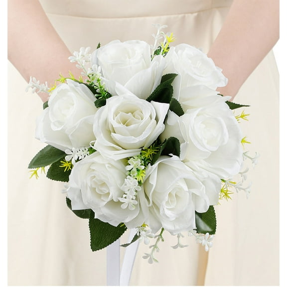 Chmadoxn Wedding Bouquets For Bride, Champagne White Rose Bridal Bouquets For Bride, Artificial Flower Bouquet For Wedding, Bridesmaid Bouquets With Silk Ribbon, Valenti