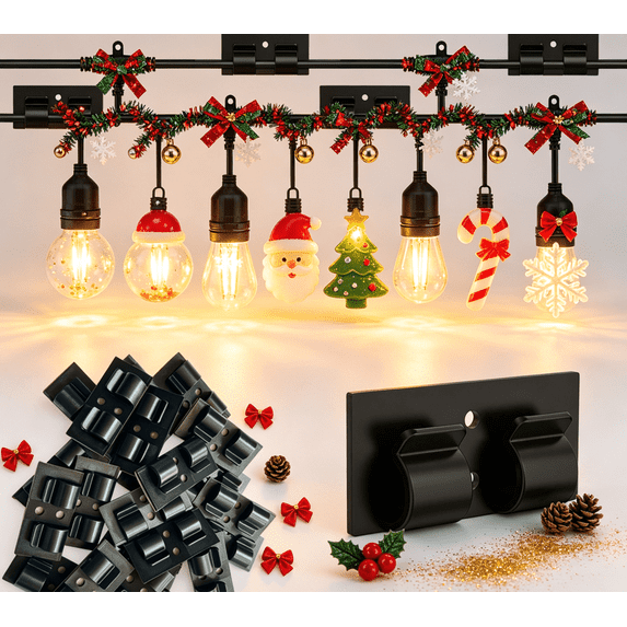 Chnmavx 10-Packs Christmas Light Clips, Hooks For Outdoor String Lights Clips, Heavy Duty Black Cable Clips with Waterproof Adhesive Strips, String Lights Cord Organizer Hooks For Party Decor