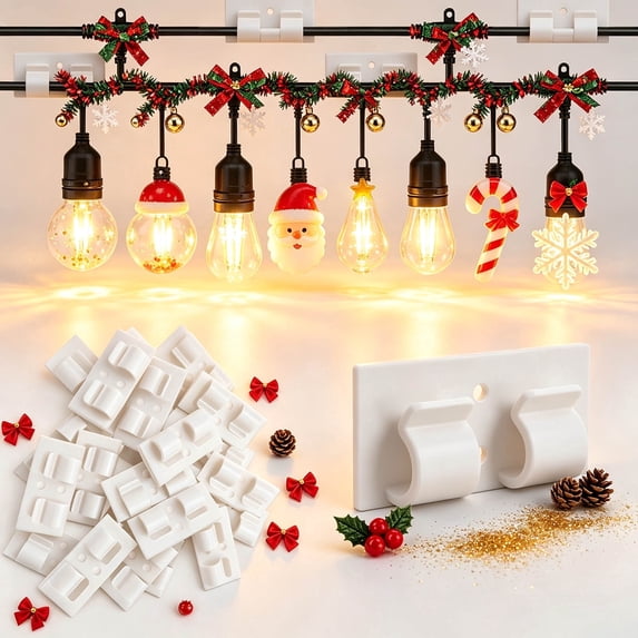 Chnmavx 10-Packs Christmas Light Clips, Hooks For Outdoor String Lights Clips, Heavy Duty White Cable Clips with Waterproof Adhesive Strips, String Lights Cord Organizer Hooks For Party Decor