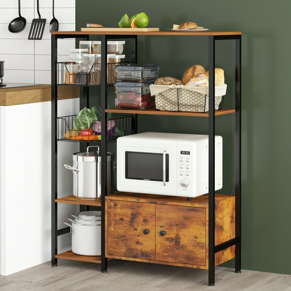 Chnnmbrn Bakers Rack with Microwave Compatibility Kitchen Wood Brown Racks with Cabinet