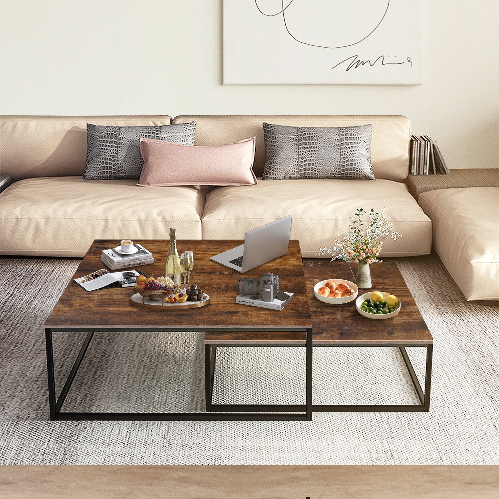 Rustic Brown and Black Square Wood Metal Nesting Coffee Tables, 2 Piece Set