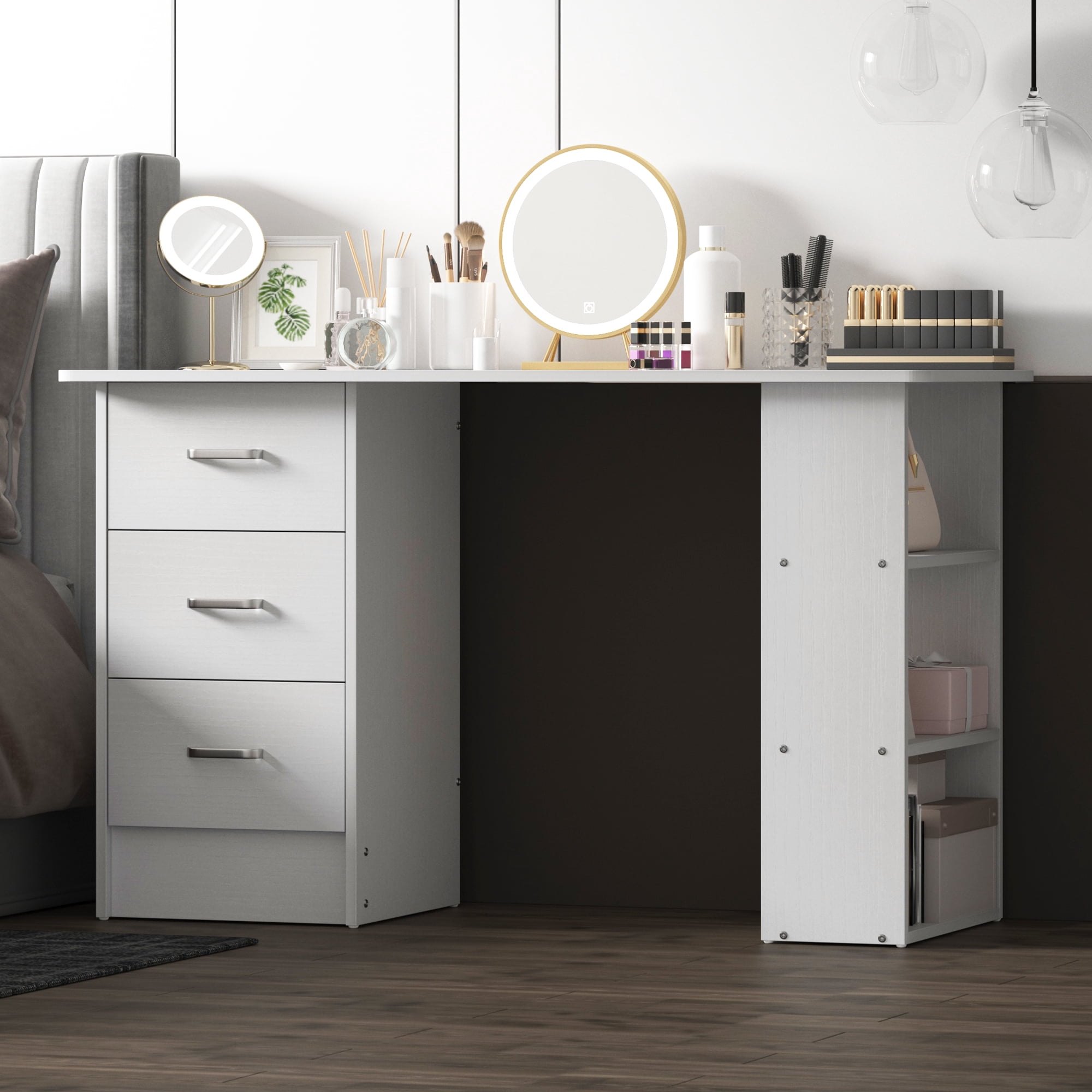 Chnnmbrn Computer Desk With Drawers,Standing Dressing Desk With Storage Racks,Writing Desk for Home Office , Bedroom,Black