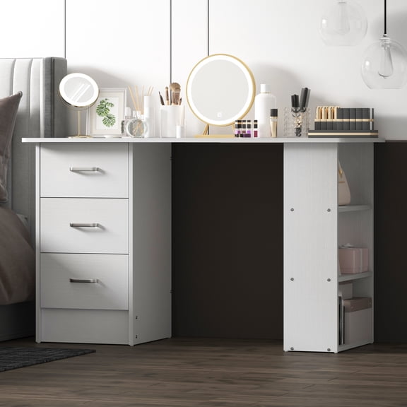 Chnnmbrn Computer Desk With Drawers,Standing Dressing Desk With Storage Racks,Writing Desk for Home Office , Bedroom,Black