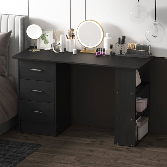 Chnnmbrn Computer Desk With Drawers,Standing Dressing Desk With Storage Racks,Writing Desk for Home Office , Bedroom,Black
