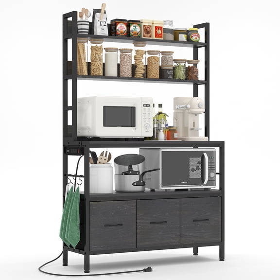 Chnnmbrn Kitchen 39.37'' Steel Standard Bakers Rack With Power Outlets,Wood Shelf,Black