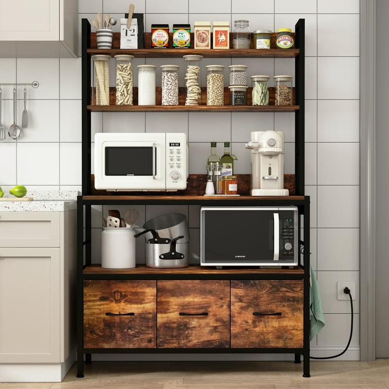 Chnnmbrn Kitchen 39.37 Steel Standard Bakers Rack With Power Outlets Wood Shelf Brown