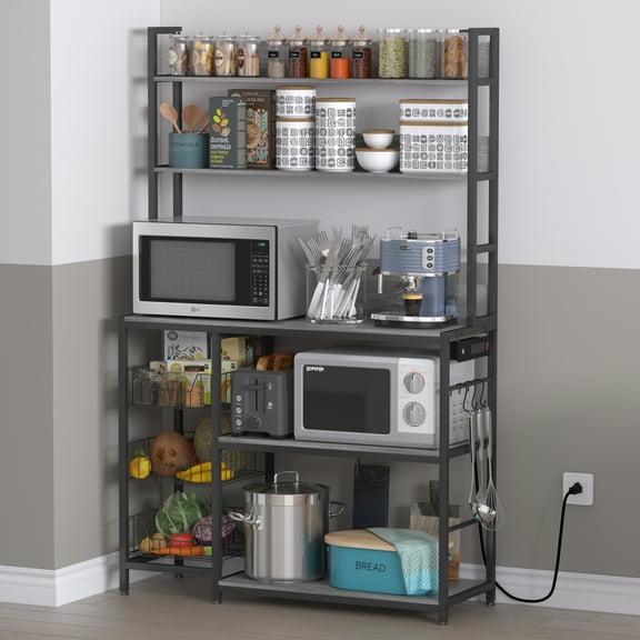 Chnnmbrn Kitchen Bakers Rack Steel Standard Baker's Rack with Microwave Compatibility with Power Outlet,Gray