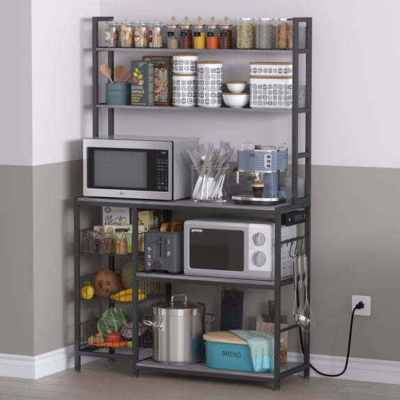 Chnnmbrn Kitchen Bakers Rack Steel Standard Baker's Rack with Microwave Compatibility with Power Outlet,Gray