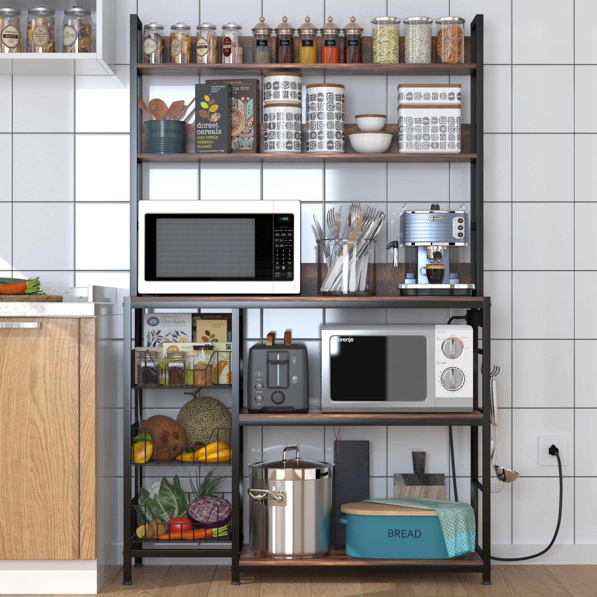Chnnmbrn Kitchen Bakers Rack With 3 Baskets And Power Outlet,5-Tier ...