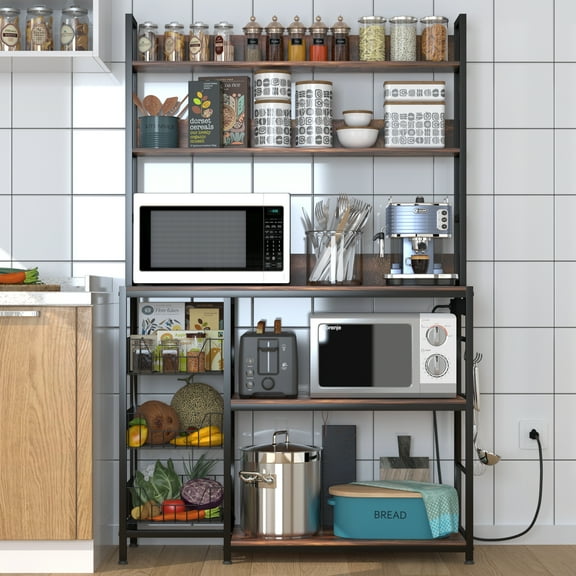 Chnnmbrn Kitchen Bakers Rack With 3 Baskets And Power Outlet,5-Tier Kitchen Utility Storage Shelf With Hooks, Microwave Oven Stand Rack, Brown