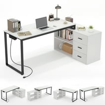 Chnnmbrn L-Shaped Desk with File Cabinet & Power Outlet，White Wood Large Computer Corner Table with Drawers and Storage Shelves for Home Office