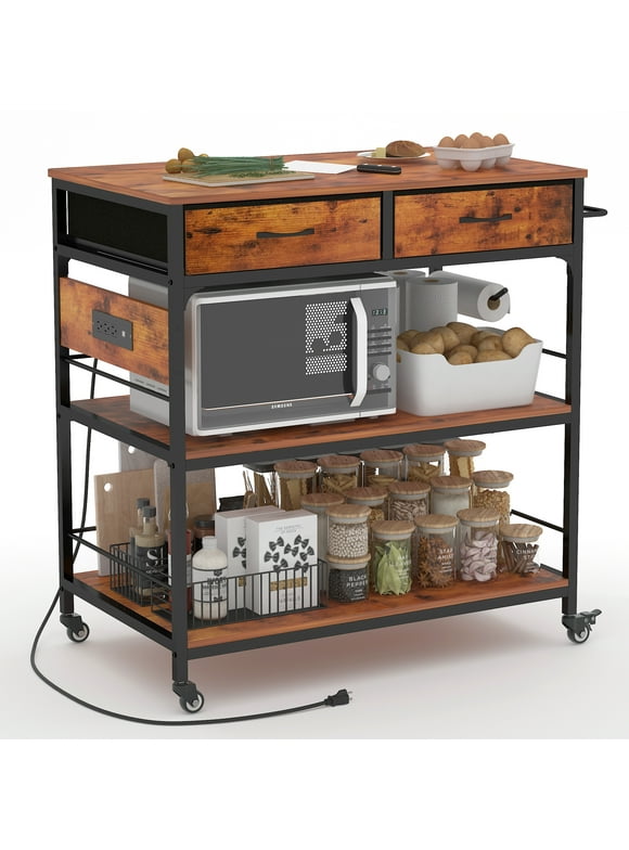 Chnnmbrn Wood Kitchen Island Brown Rolling Cart with Power Outlet Microwave rack