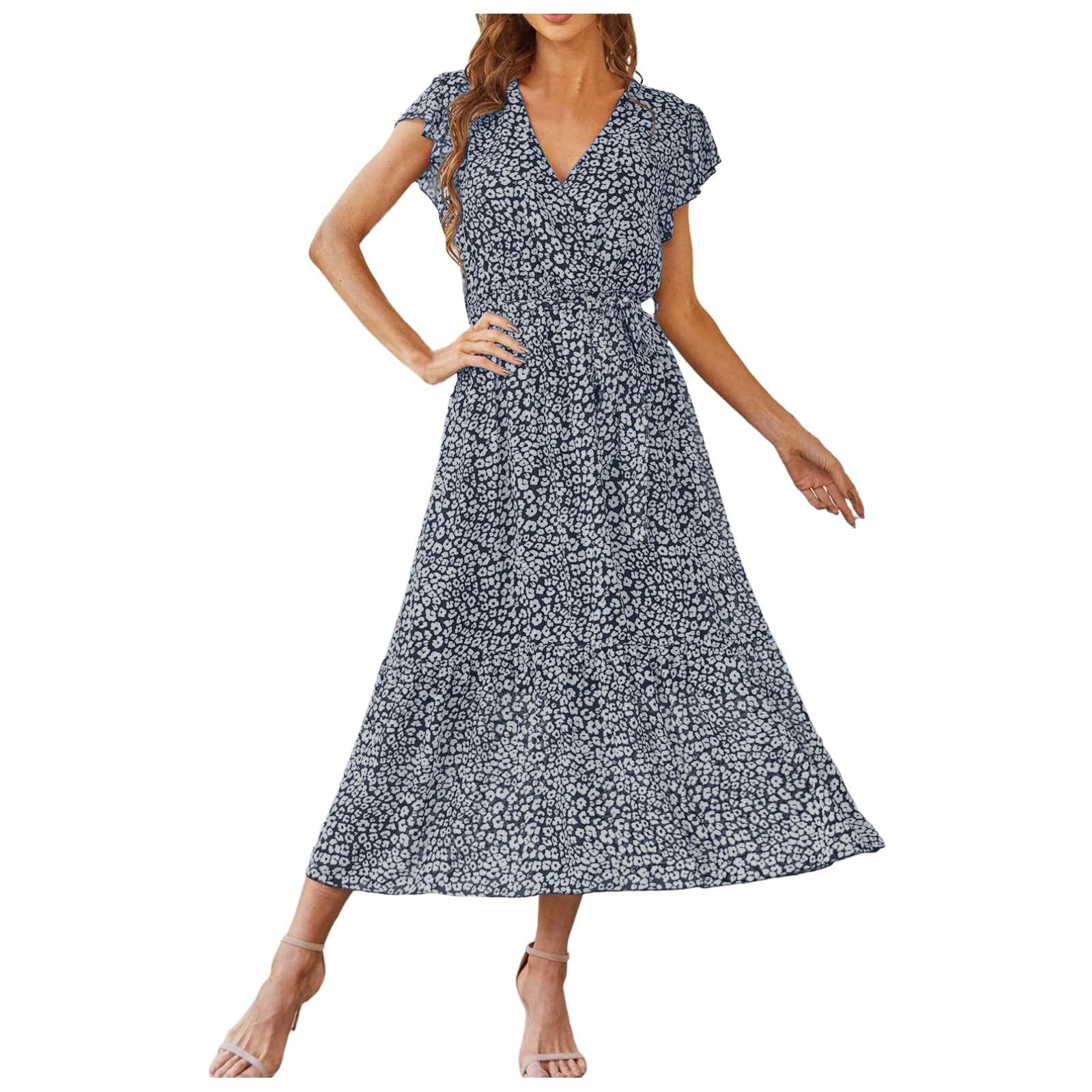 Chnzic Women's Flower Summer Dress V Neck Short Sleeved Belt Pleated