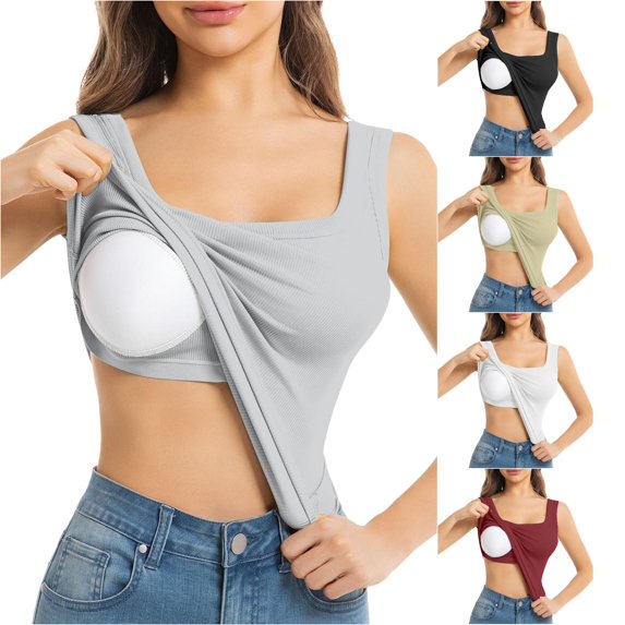 ChoXxx Women's Built In Bra Tank for Workout Dressy Slim Fit Ribbed Padded Camisole Grey L