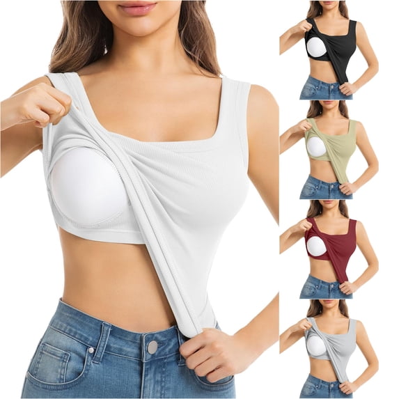 ChoXxx Women's Built In Bra Tank for Workout Dressy Slim Fit Ribbed Padded Camisole White M