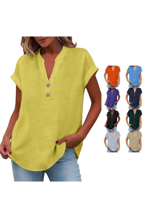 Women's Button Down Deep V Neck Slim Fit Sleeveless Basic Tee Yellow XXL