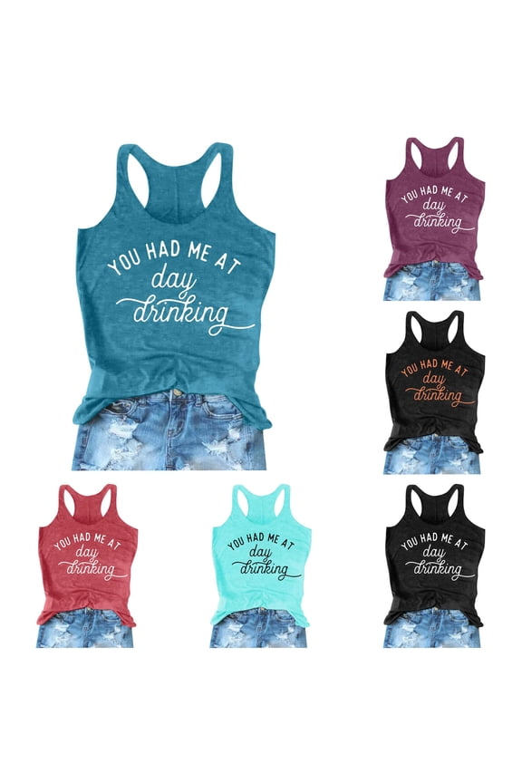 Women's Day Drinking Letter Printed Round Neck Sleeveless Tank Top Blue XXL