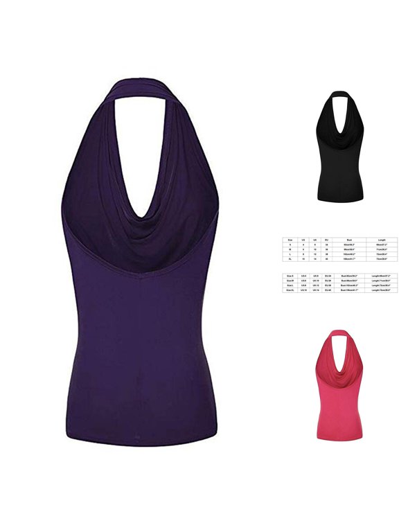 Women's Halter Drape Cowl Neck Tank Backless Sleeveless Vest Purple XL