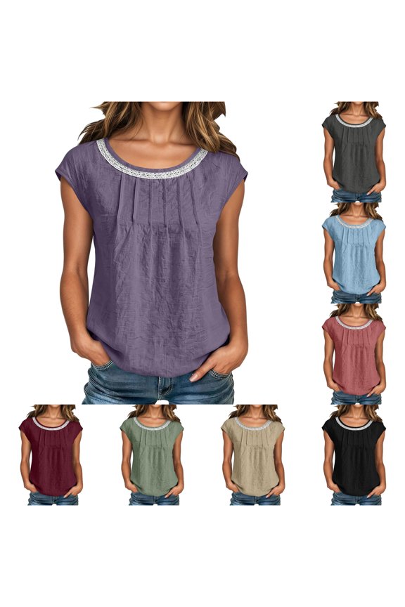 Women's Loose Short Sleeve Floral Lace Collar Flowy Top Everyday Purple S