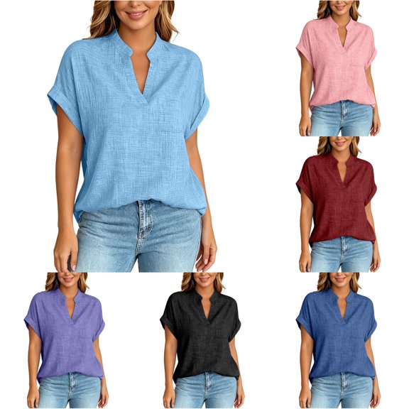 ChoXxx Women's Loose Short Sleeve V Neck Multicolor Block Summer Top Sky Blue M