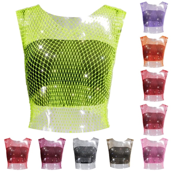 ChoXxx Women's Rhinestone Fishing Net Short Sleeve Vest Green L
