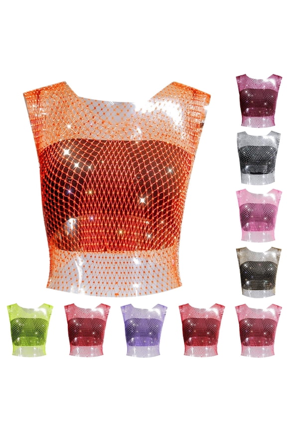 Women's Rhinestone Fishing Net Short Sleeve Vest Orange S