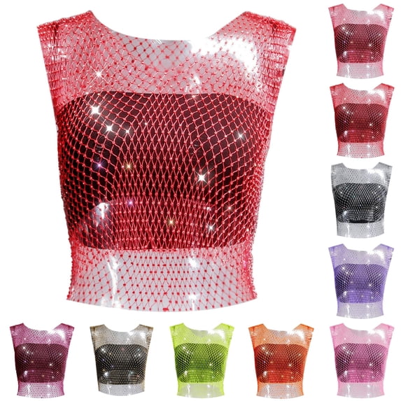ChoXxx Women's Rhinestone Fishing Net Short Sleeve Vest Red S