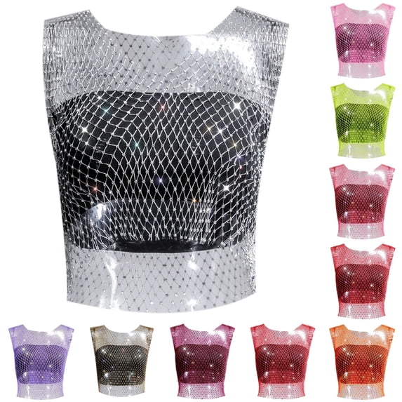 ChoXxx Women's Rhinestone Fishing Net Short Sleeve Vest Silver L