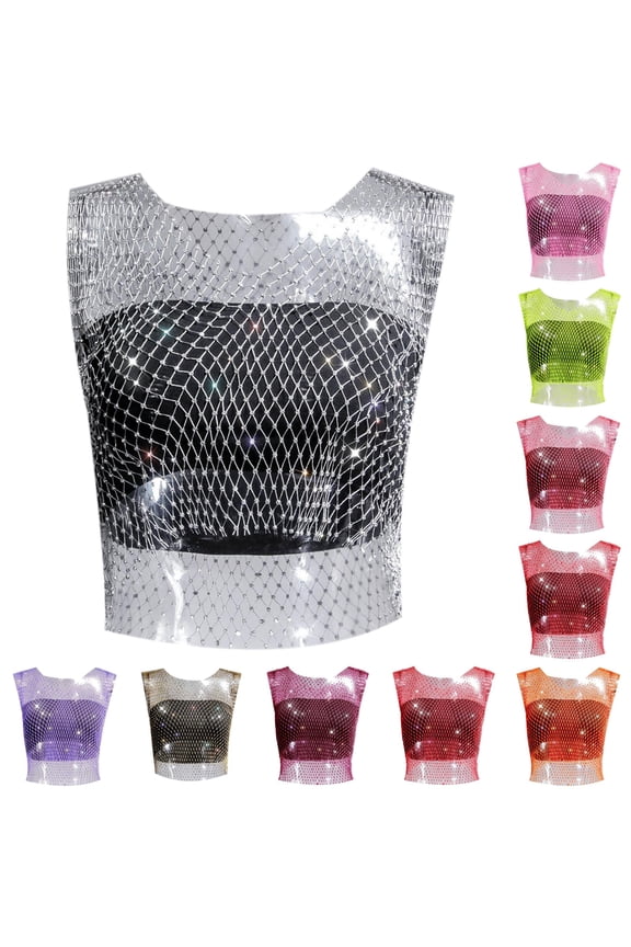 Women's Rhinestone Fishing Net Short Sleeve Vest Silver XS