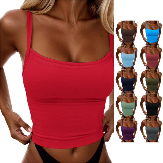 ChoXxx Women's Sexy Slim Fit Crop Camisole Built In Bra Sleeveless Tank Top Stretchy Summer Fashion Red S