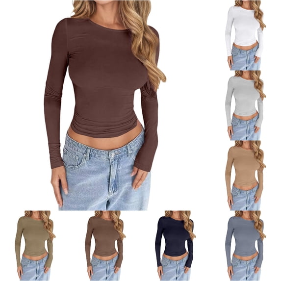 ChoXxx Women's Slim Fit Long Sleeve Basic Soft Streetwear Casual Blouse Brown XXL