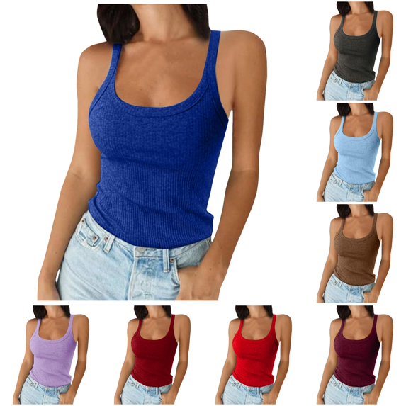 ChoXxx Women's Spaghetti Strap Scoop Neck Ribbed Tank Top Slim Fitted Cotton Camisole Basic Sleeveless Layering Shirt Blue XS