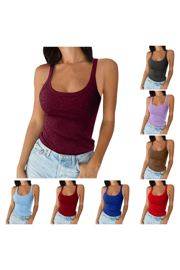 Women's Spaghetti Strap Scoop Neck Ribbed Tank Top Slim Fitted Cotton Camisole Basic Sleeveless Layering Shirt Brick Red M