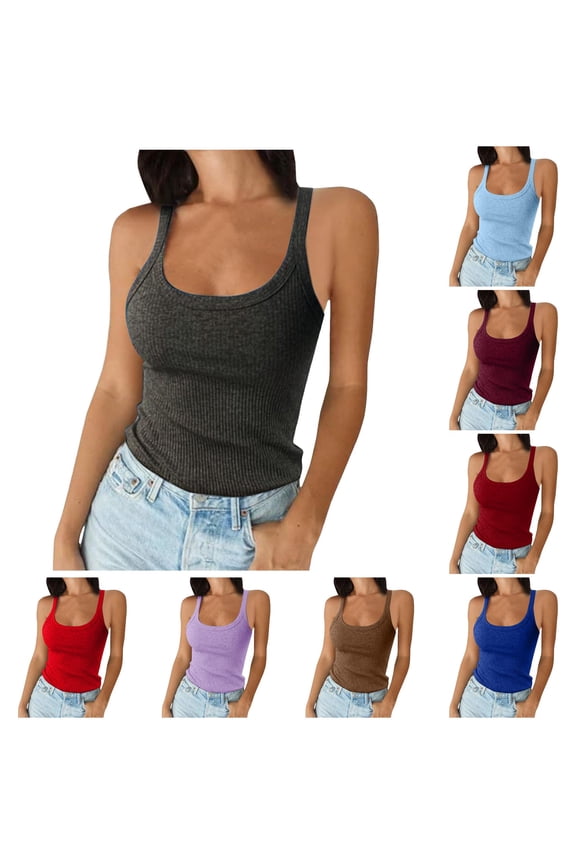 Women's Spaghetti Strap Scoop Neck Ribbed Tank Top Slim Fitted Cotton Camisole Basic Sleeveless Layering Shirt Dark Gray XL