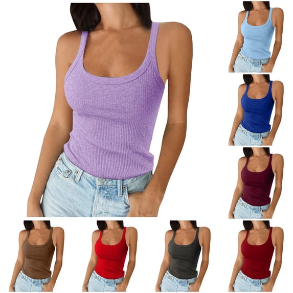 ChoXxx Women's Spaghetti Strap Scoop Neck Ribbed Tank Top Slim Fitted Cotton Camisole Basic Sleeveless Layering Shirt Purple XS