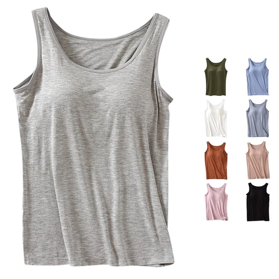 ChoXxx Women's Tank Top with Built In Bra Crew Neck Sleeveless Camisole Plus Size Padded Workout Grey M