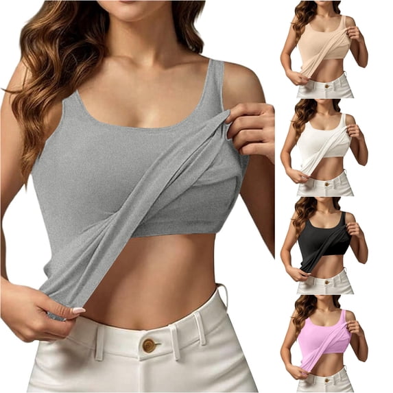 ChoXxx Women's Tank Top with Built In Bra Crew Neck Sleeveless Camisole Plus Size Padded Workout Grey XXL