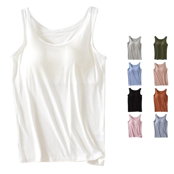 ChoXxx Women's Tank Top with Built In Bra Crew Neck Sleeveless Camisole Plus Size Padded Workout White S