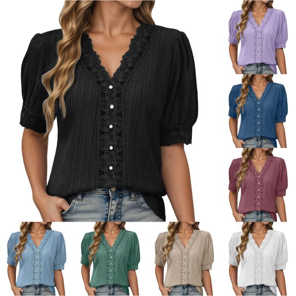 ChoXxx Women's V Neck Solid Short Sleeve Fashionable Casual T Shirt Black S