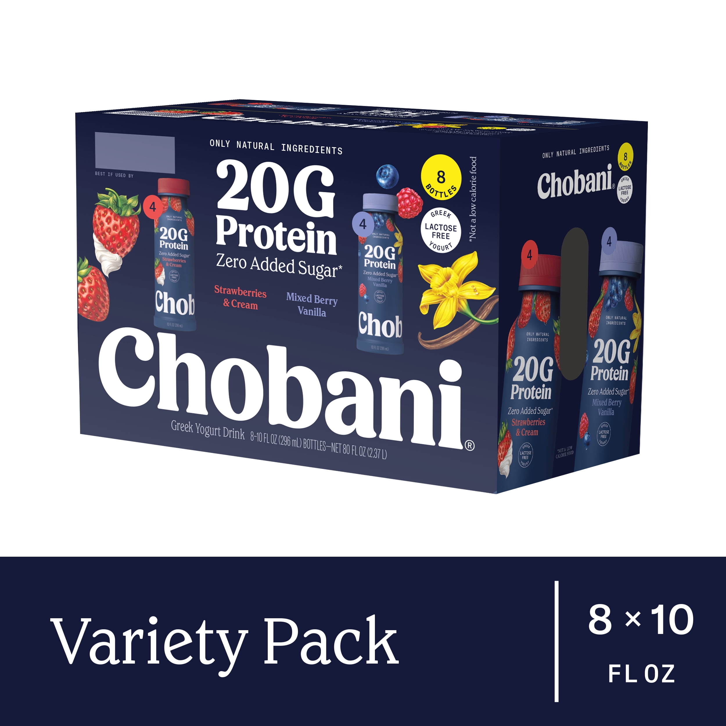 Chobani 20G Protein Low-Fat Greek Yogurt Drink, Family Variety, 10 fl oz Bottle, 8 Pack