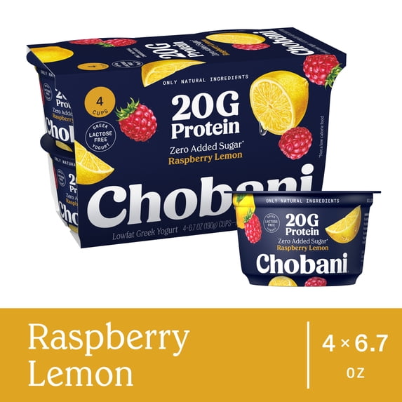 Chobani 20G Protein Low-Fat Greek Yogurt Raspberry Lemon 6.7oz 4 pack