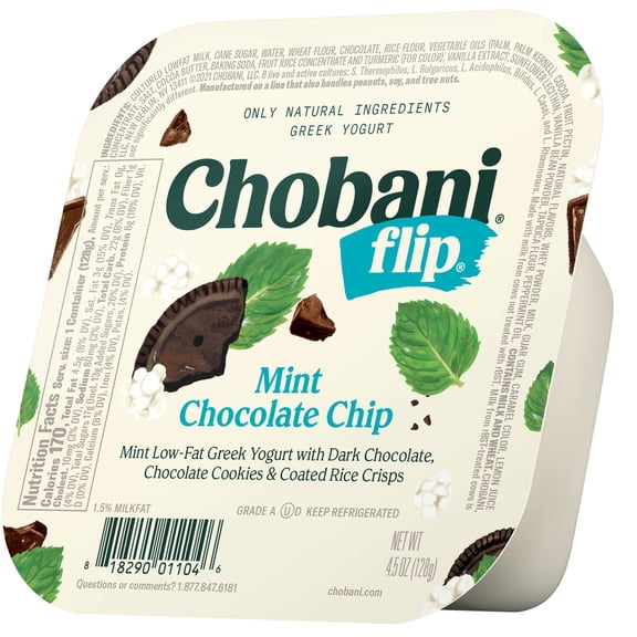 Chobani Flip Low-Fat Greek Yogurt, Mint Chocolate Chip With 9g of Protein, 4.5 oz, Plastic Cup