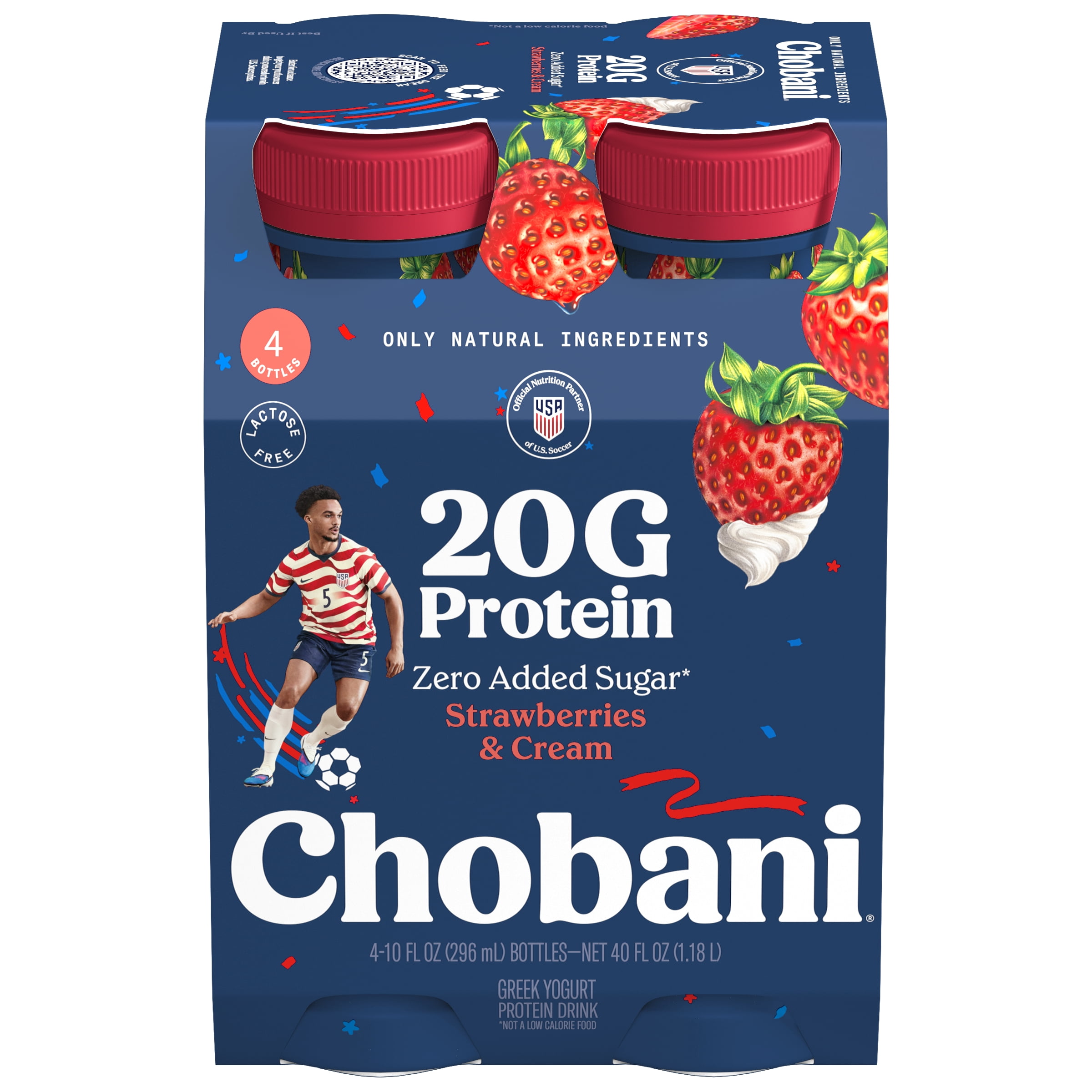 Chobani 20G Protein Low-Fat Greek Yogurt Drink, Strawberries and Cream 10 fl oz Bottle, 4 Pack